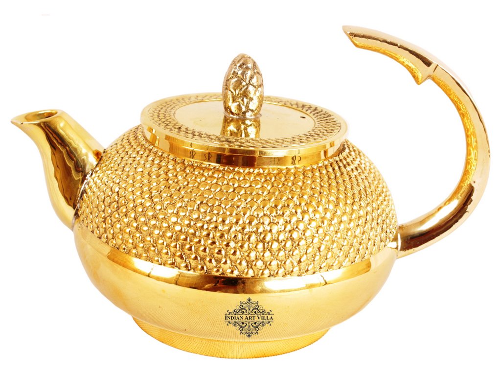 Indian Art Villa Brass Bubble Hammered Teapot with Lid & a Designer Handle, Serveware, Tableware