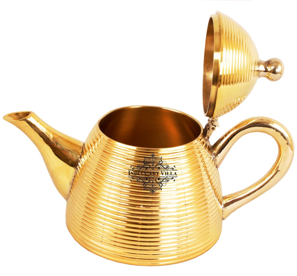 Indian Art Villa Pure Brass Cone Lining Tea Pot Kettle,Serving Tea Coffee