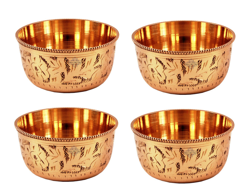 Indian Art Villa Pure Brass Engraved Design Flat Bottom Bowl, Decorative Dinnerware, Tableware and Serveware for Home Hotel Restaurant, Volume-100 ml