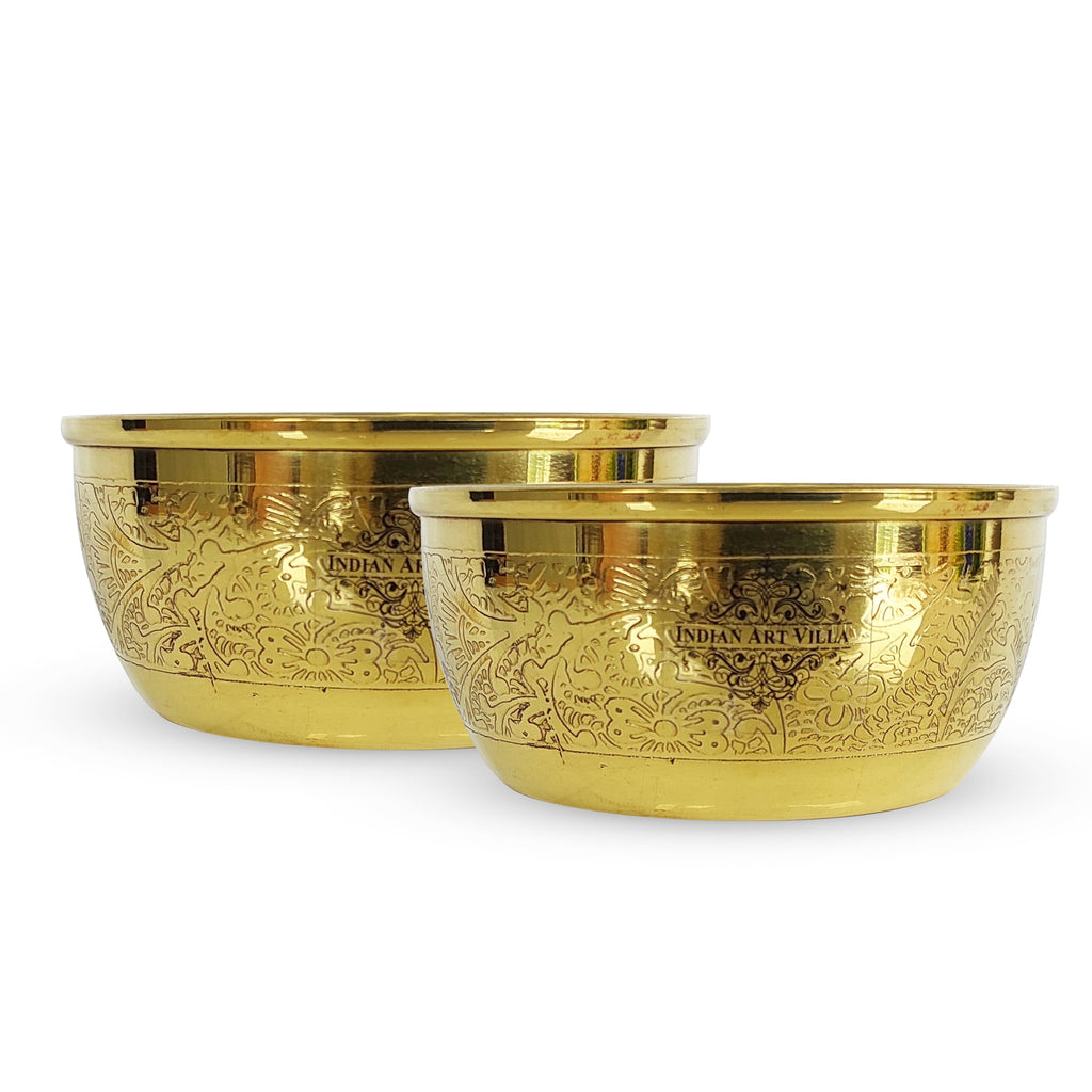 Indian Art Villa Pure Brass Embossed Design Flat Bottom Bowl, Decorative Dinnerware, Tableware and Serveware for Home Hotel Restaurant, Volume-200 ml