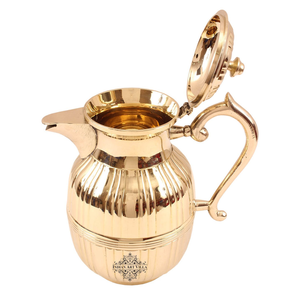 Indian Art Villa Pure Brass Barrel Shaped Jug, Pitcher with Attached Lid & Spout, Drinkware, Tableware
