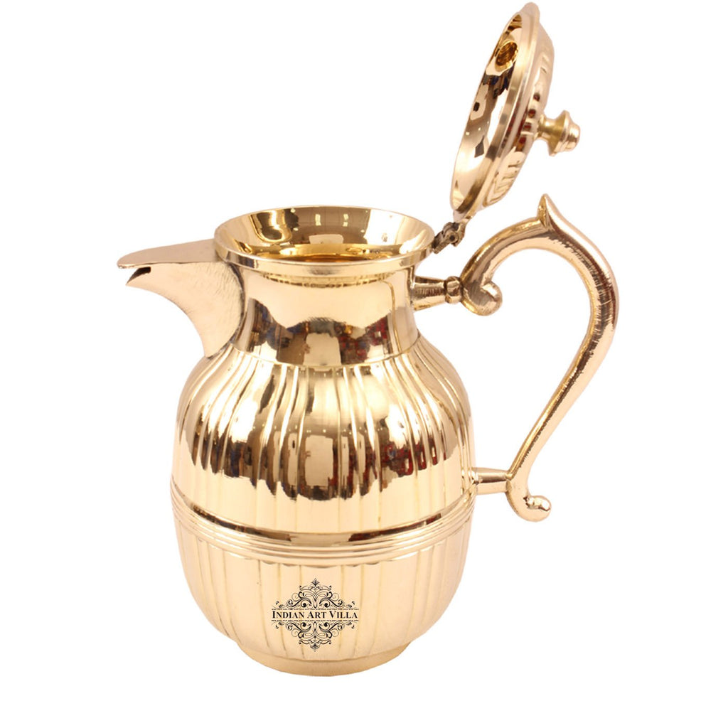 Indian Art Villa Pure Brass Barrel Shaped Jug, Pitcher with Attached Lid & Spout, Drinkware, Tableware