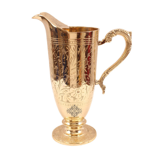 Indian Art Villa pure brass jug with finely crafted designer handle ideal for traditional Indian serveware