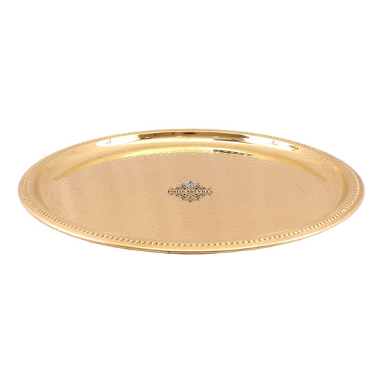 Round hammered brass plate in polished finish with detailed border crafted in traditional design by Indian Art Villa