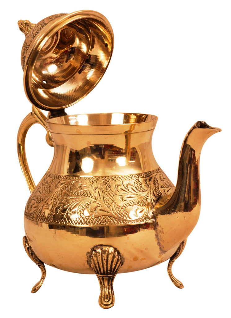 Indian Art Villa Pure Brass Leaf Design Mughlai Tea Pot with Lid -750 ML