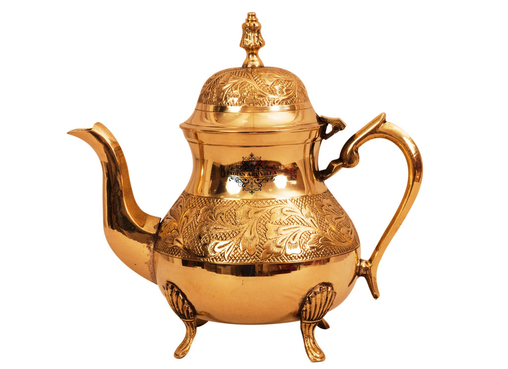 Indian Art Villa Pure Brass Leaf Design Mughlai Tea Pot with Lid -750 ML