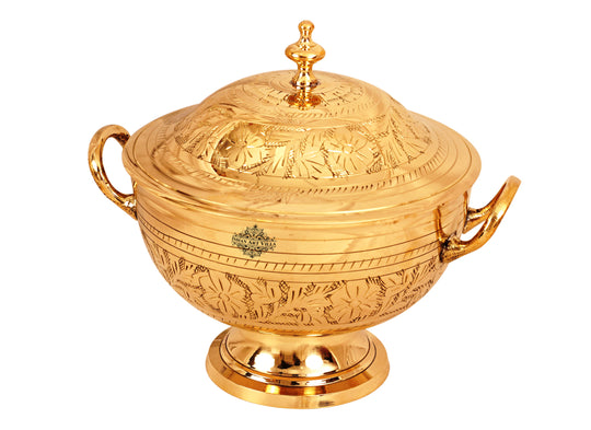 Indian Art Villa brass handi with floral engraving and lid, ideal for serving traditional Indian dishes in style.