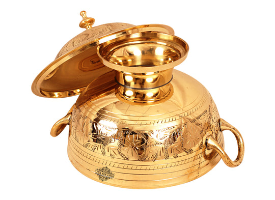 Indian Art Villa brass handi with floral engraving and lid, ideal for serving traditional Indian dishes in style.