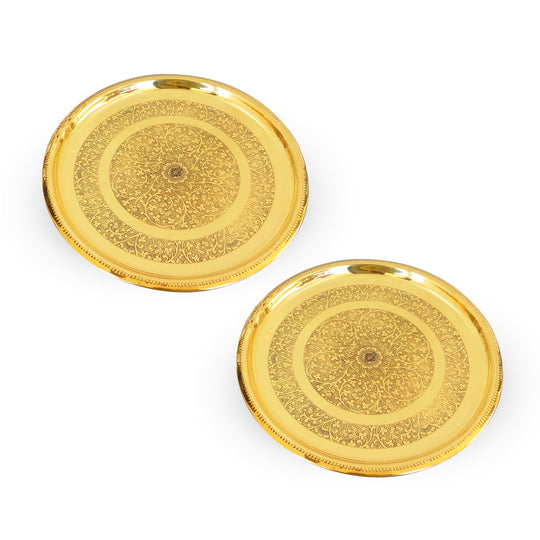 Brass thali set of 2 with twin ring floral design used for pooja ceremonies dry fruit serving or elegant Indian table décor