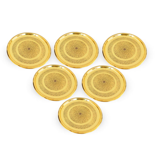 Hand polished brass thali set of 6 used for traditional Indian meals religious offerings or festive celebrations