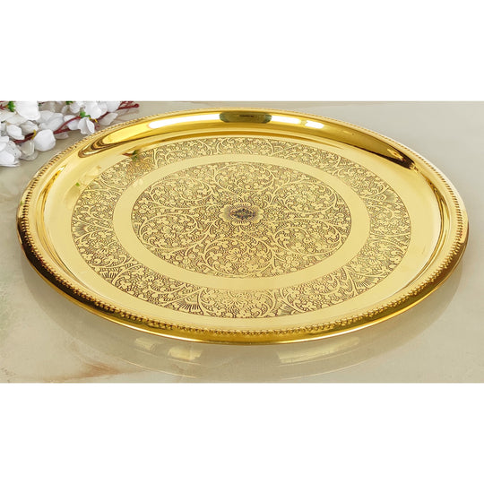 Traditional pital thali  by Indian Art Villa featuring dual ring floral motifs and polished surface in heritage style
