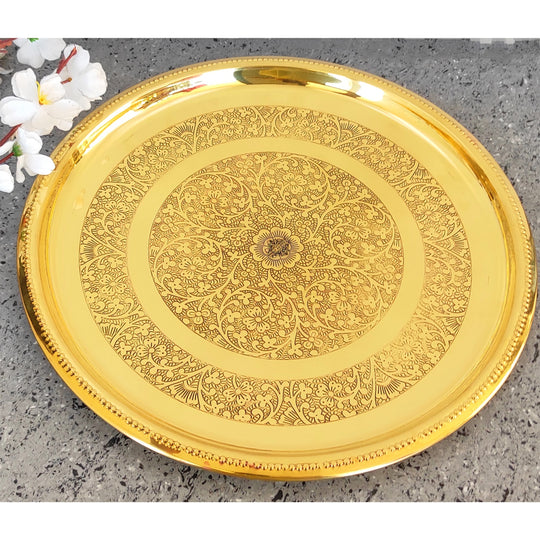 Heritage brass plate with two concentric floral rings hand engraved on polished surface by Indian Art Villa
