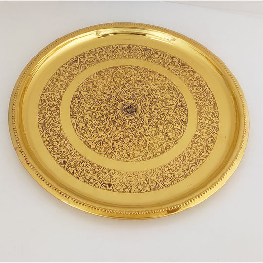 Indian Art Villa brass thali featuring ornamental double floral ring in smooth polished surface and royal gold tone