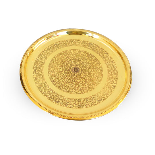 Handcrafted brass plate with deep etched floral ring pattern and bright gold tone made by Indian Art Villa experts