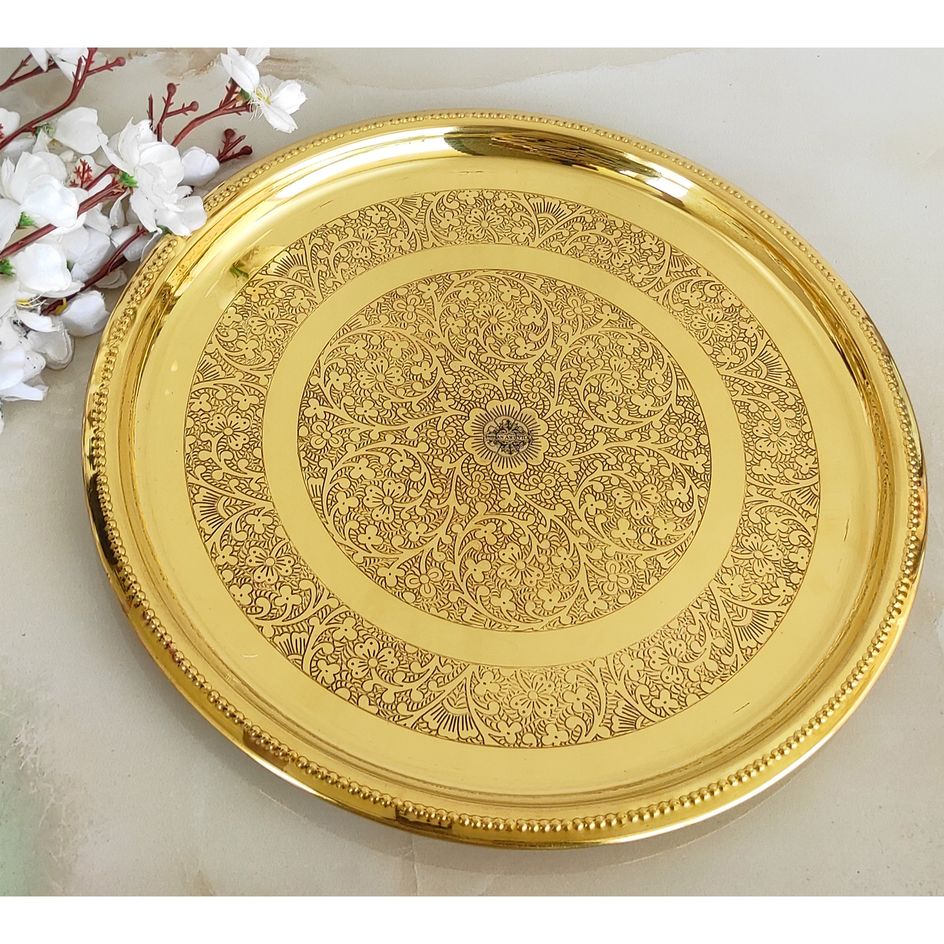 Brass Double Ring Floral Design Plate Platter, Serveware