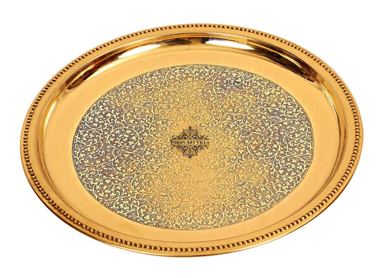 Indian Art Villa pure brass thali with detailed floral design and royal pattern in polished round finish and beaded rim