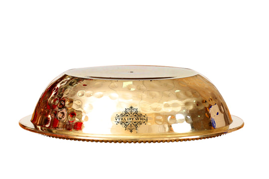 Indian Art Villa pital plate with hand hammered pattern beaded rim and polished bowl shaped body in golden tone