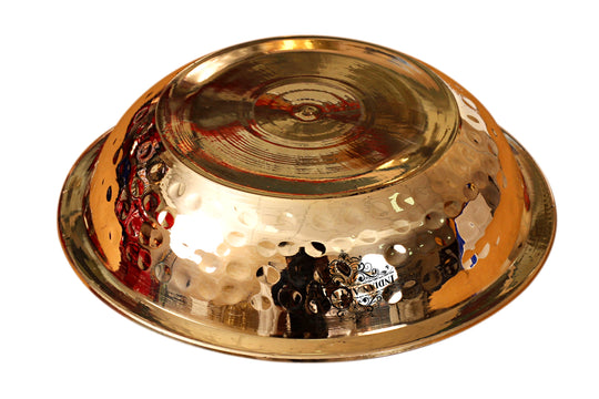 Hammered brass thali with beaded rim handcrafted in polished finish and shallow bowl shape by Indian Art Villa