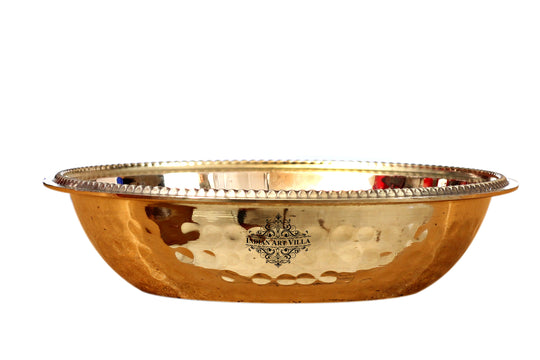 Traditional hammered brass plate with smooth gold finish and detailed upper rim designed by Indian Art Villa