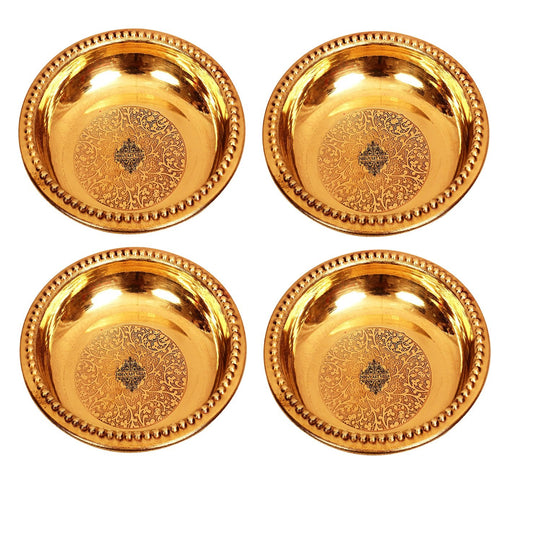 Traditional brass plate set by Indian Art Villa featuring a detailed embossed design and signature beaded rim finish