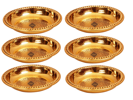 Indian Art Villa brass thali set of 6 with floral etching and dotted rim offering timeless charm for ethnic table settings