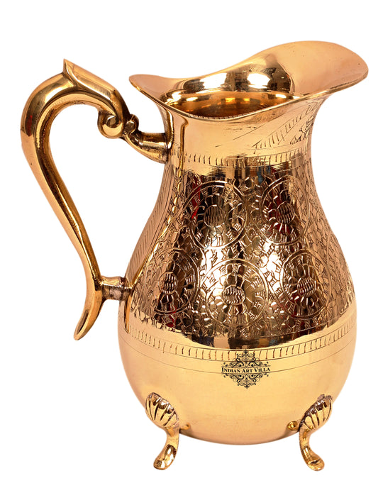 Handcrafted Pure Brass Embossed Design Jug Pitcher with 4 Legs
