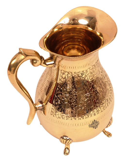 luxury pure brass water jug with embossed detailing curved handle and four feet support