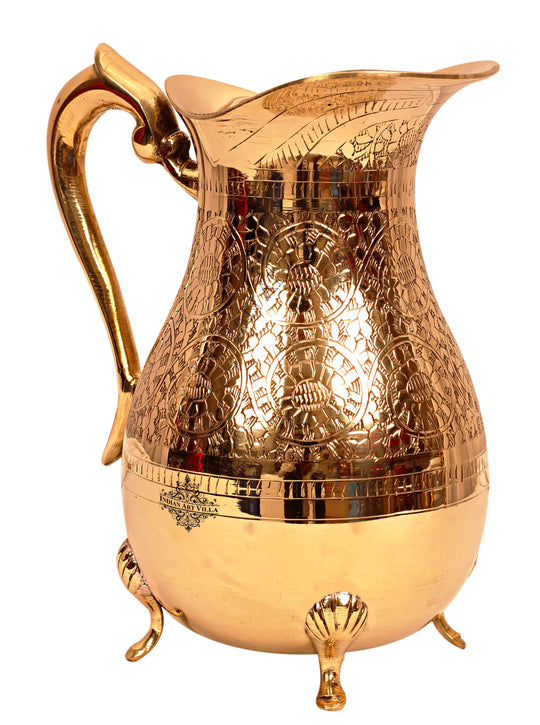 Handcrafted Pure Brass Embossed Design Jug Pitcher with 4 Legs