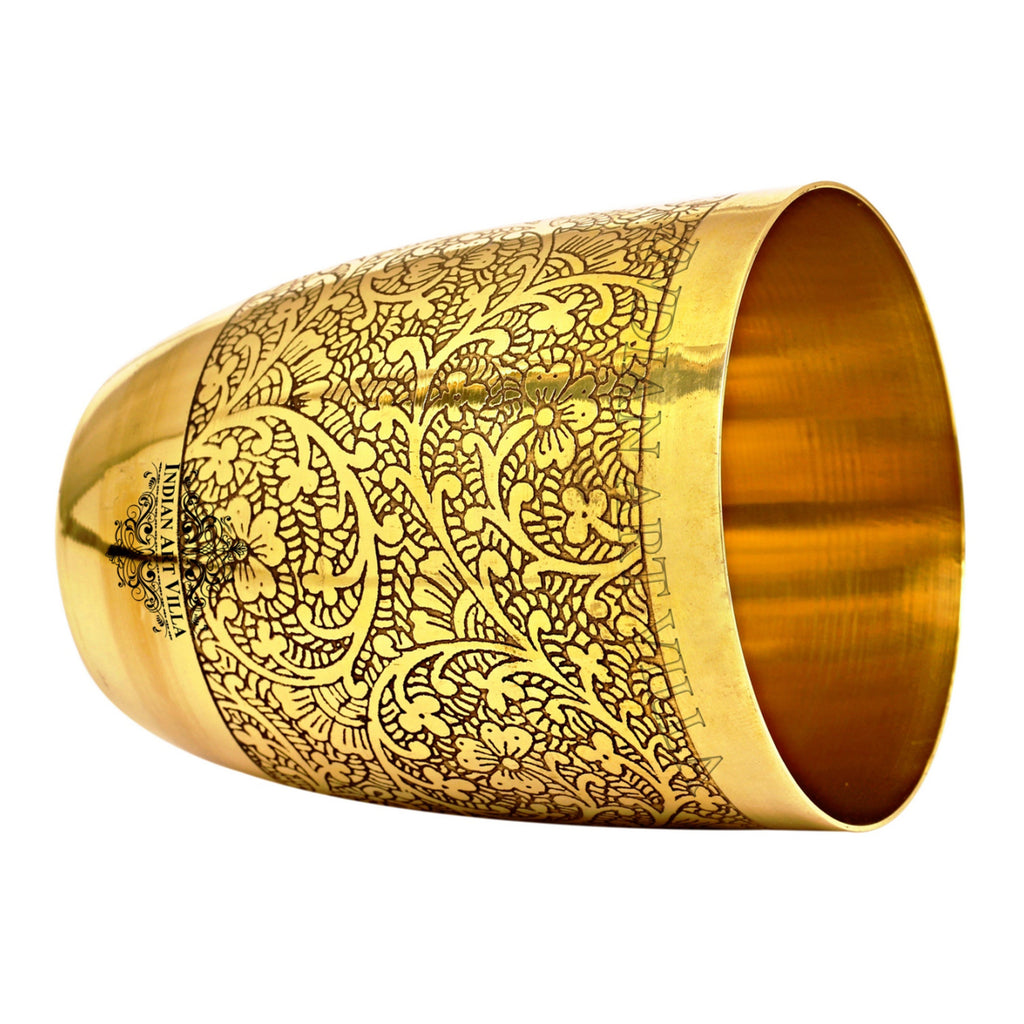 Indian Art Villa Embossed Design Brass Glass Tumbler Cup, Drinkware, Home Restaurant, 350 ML, Gold