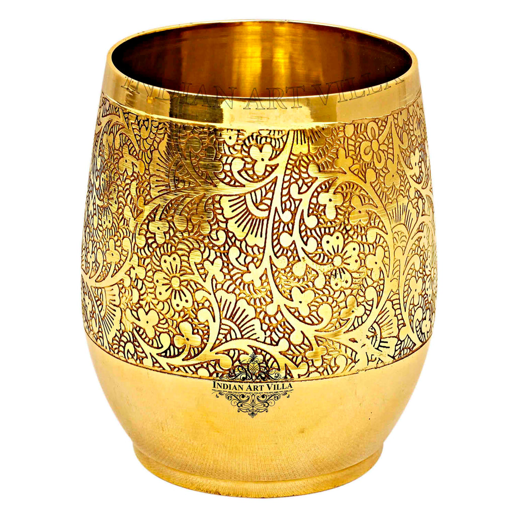 Indian Art Villa Brass Embossed Flower Design Glass Tumbler Cup