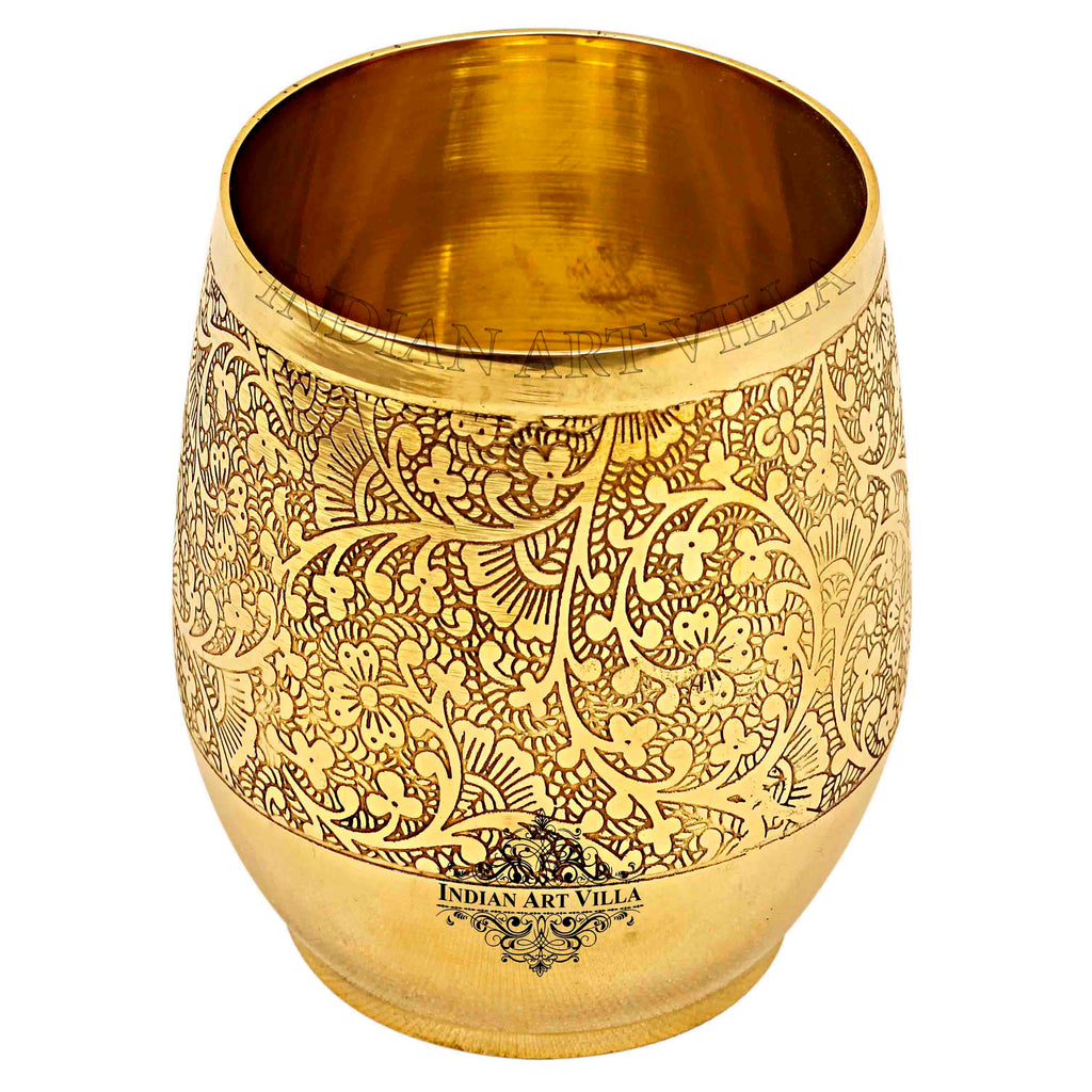 INDIAN ART VILLA Brass Embossed Flower Design Glass 300 ML