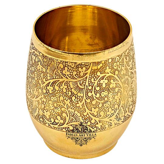 Handmade Pure Brass Embossed Flower Design Glass, Tumbler, 300 ml