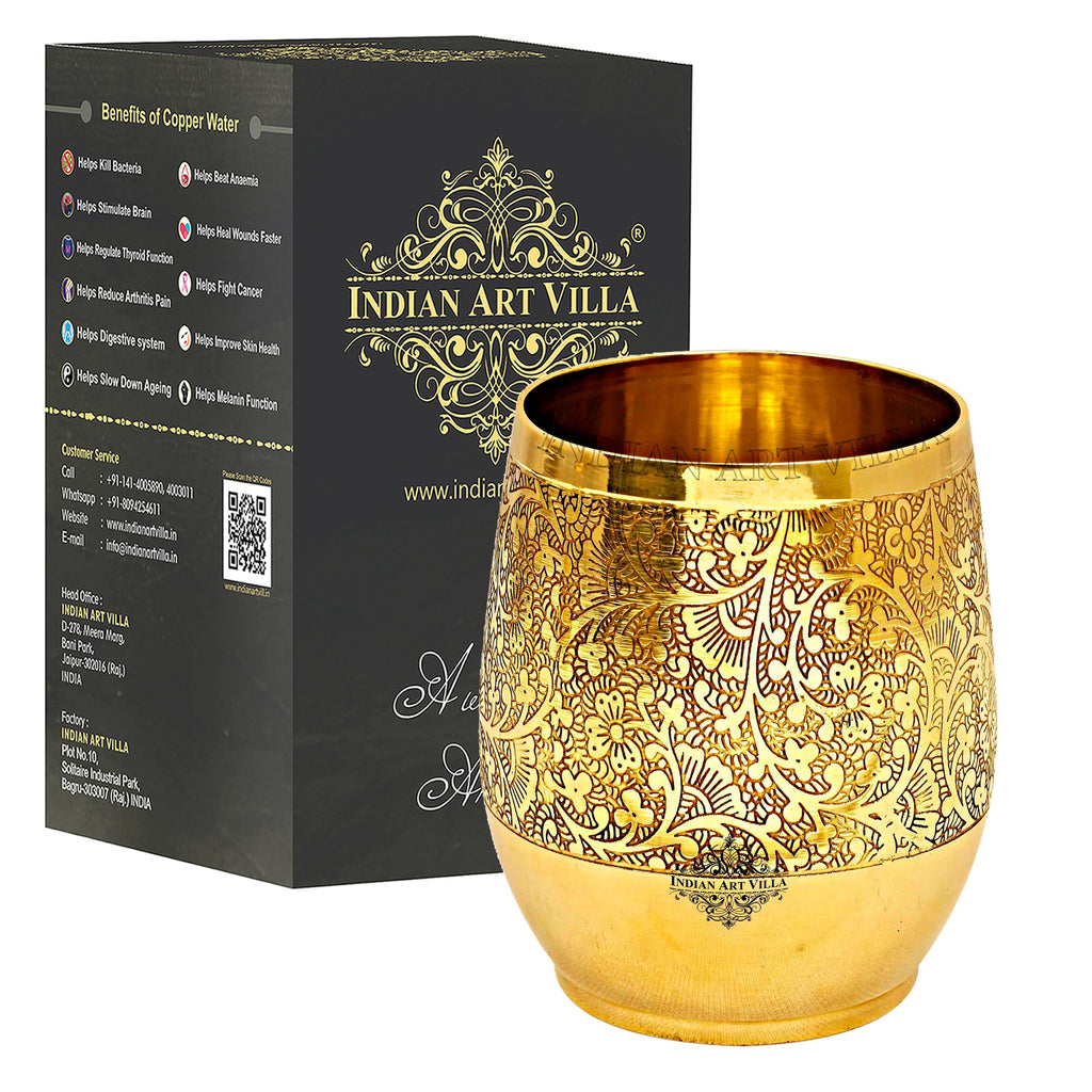 Indian Art Villa Brass Embossed Flower Design Glass Tumbler Cup