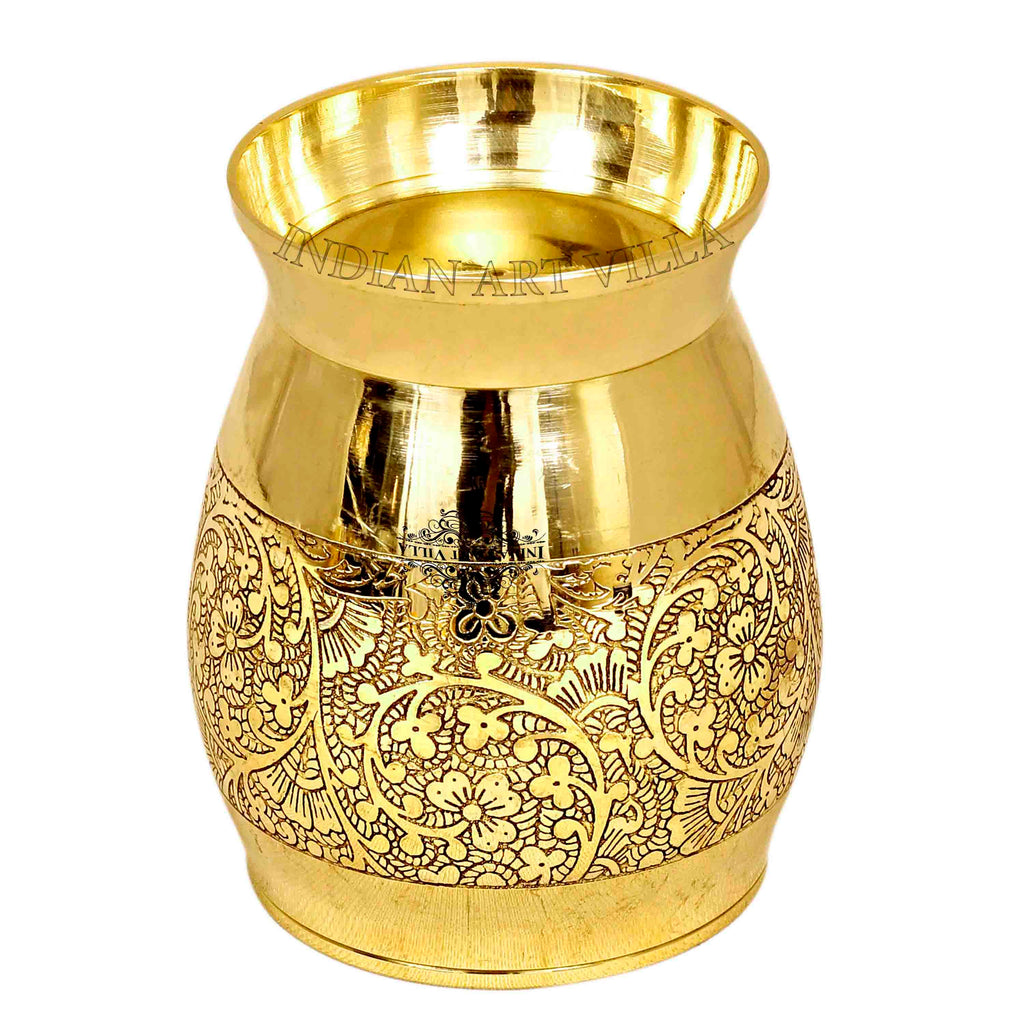 INDIAN ART VILLA Brass Embossed Flower Design Glass Tumbler 300 ML