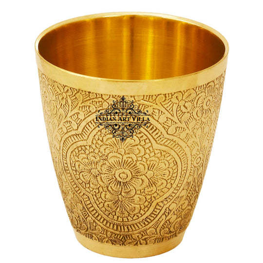 Classic pure brass tumbler with detailed floral design perfect for ceremonial or decorative use by indian art villa