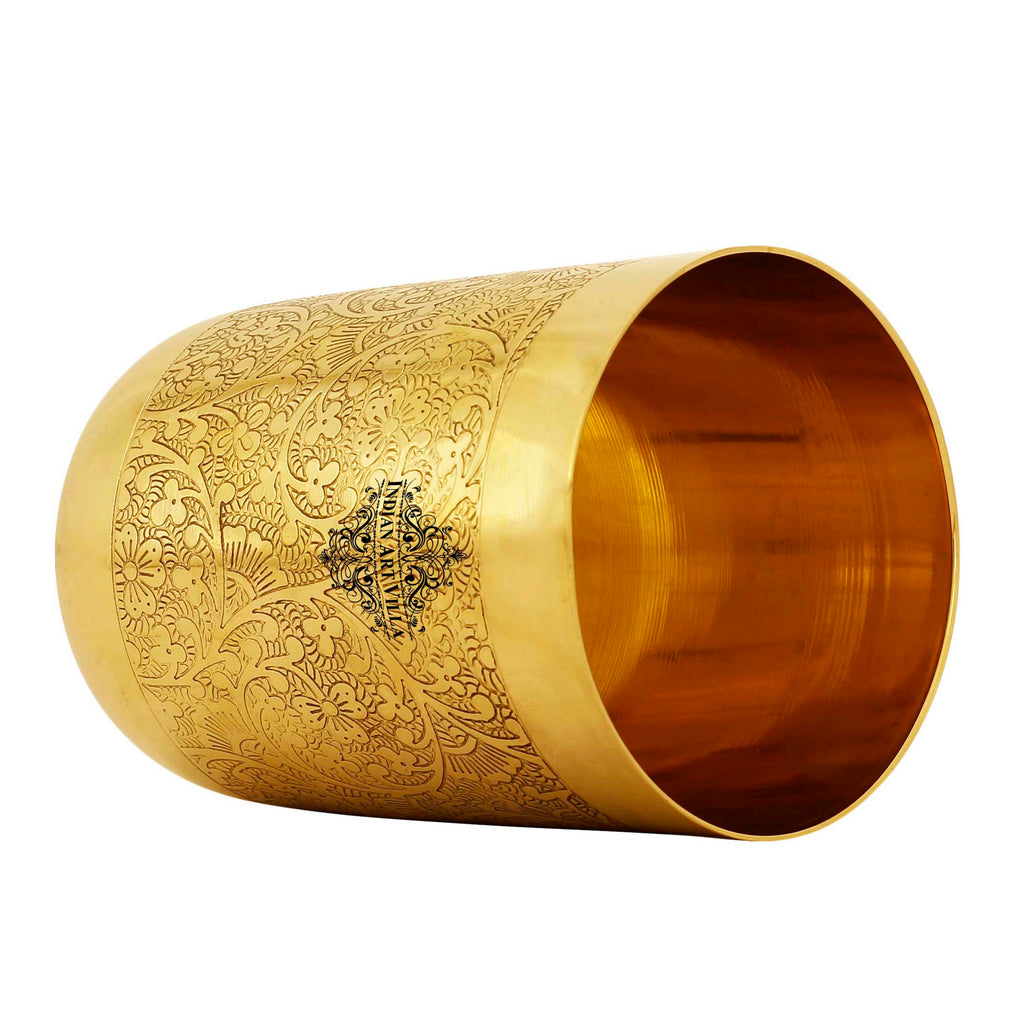 Indian Art Villa Embossed Flower Design Brass Glass 300 ML