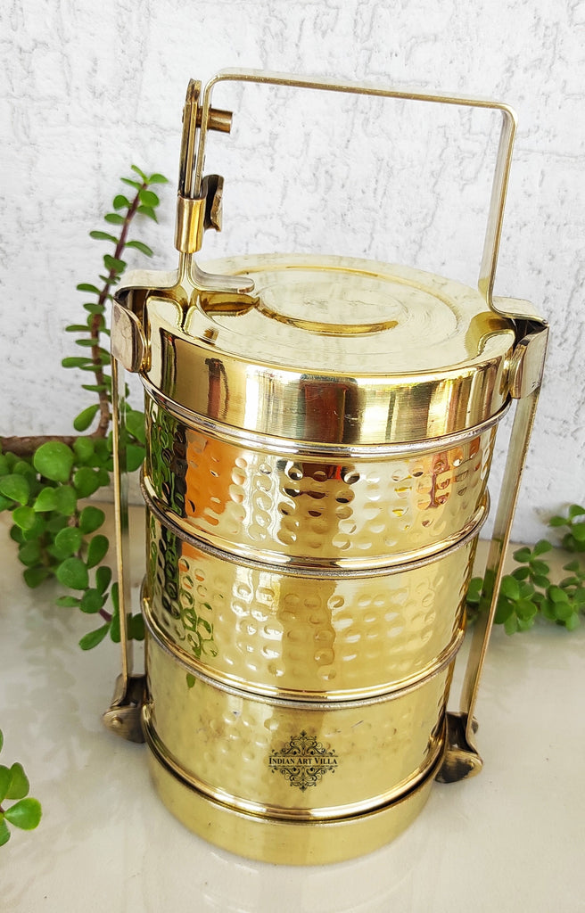 Indian Art Villa Brass Handmade Lunch Box with three compartments, Serveware, Tableware, 11"