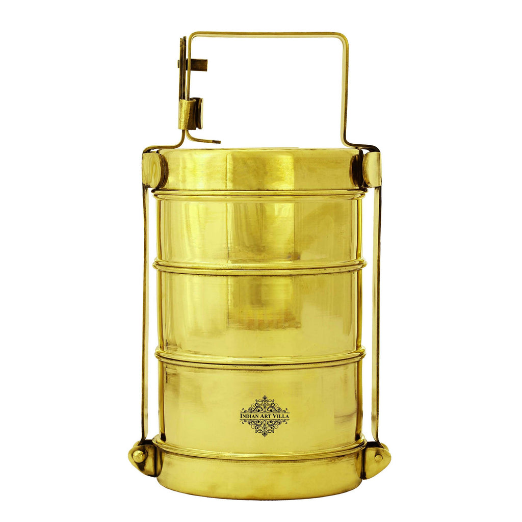 Indian Art Villa Brass Handmade Lunch Box with three compartments, Serveware, Tableware, 11"