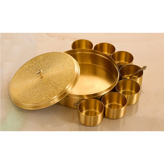 Decorative pure brass masala dabba (peetal ka masale ka dibba) with 7 sections for kitchen and gifting