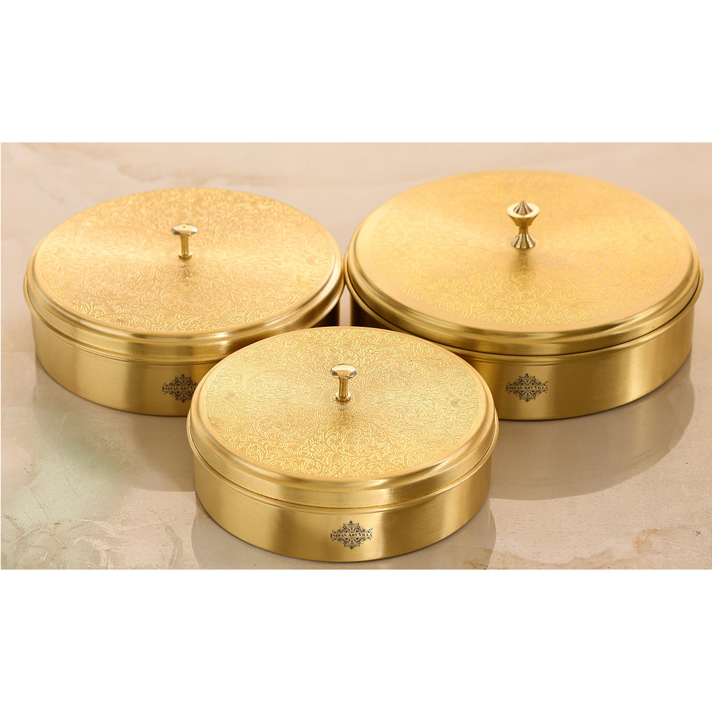 Indian Art Villa Brass Embossed Masala Box, Spice Container with 7 Compartments, Kitchenware