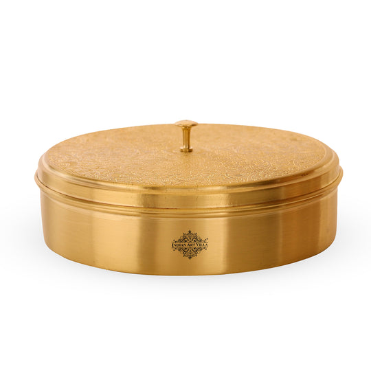 Luxury pure brass masala box with traditional Indian engraving and 7 katori for daily rasoi use