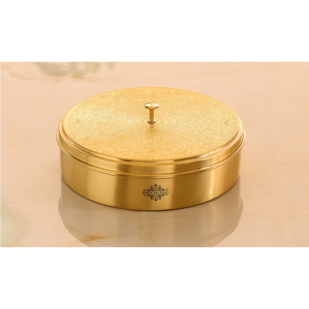 Indian Art Villa Brass Embossed Masala Box, Spice Container with 7 Compartments, Kitchenware