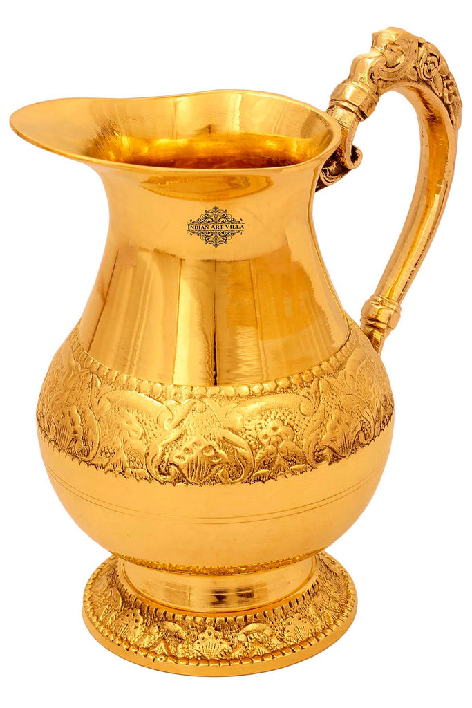 Indian Art Villa Pure Brass Jug Pitcher, Handwork Designer, Serving & Drinking water, 1000 ML, Gold