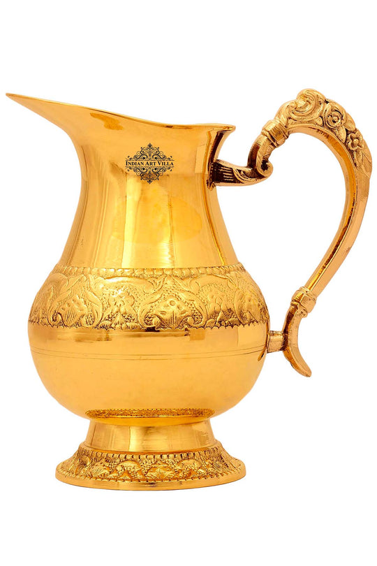 traditional brass jug with graceful embossed belt and royal curved handle crafted by IAV artisans