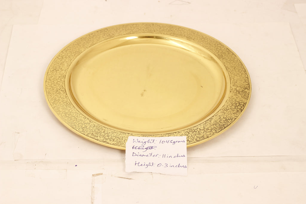 Indian Art Villa Pure Brass Handmade Embossed Design Dinner Plate Thali