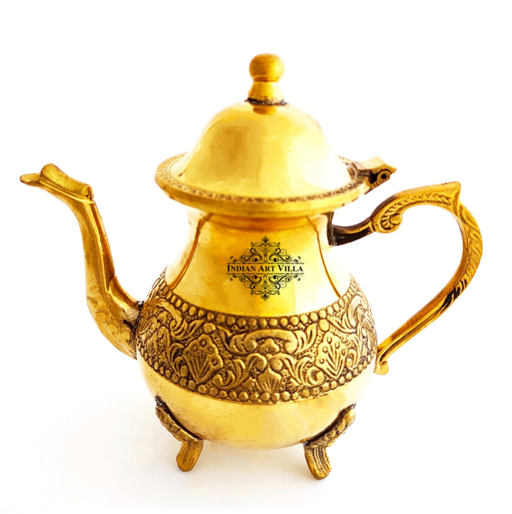 Indian Art Villa Designer Embossed Mughlai Brass Tea Kettle Pot Inside Tin Lining, Serving Tea Coffee, Tableware, 500 ML, Gold