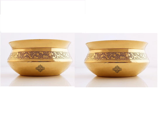 Embossed brass ki handi with detailed carving around the body wide mouth polished brass surface and handcrafted shape