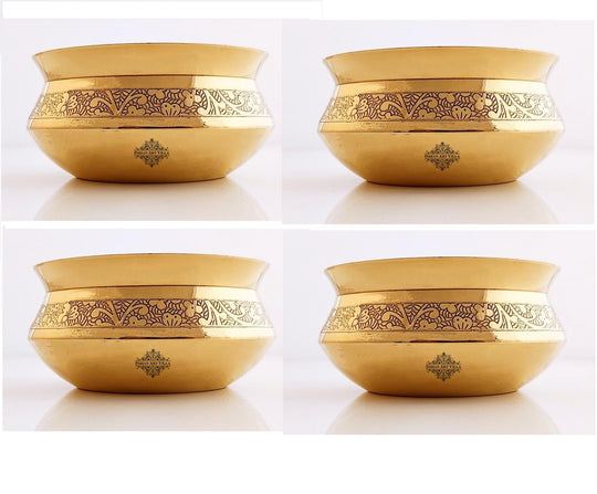 Brass ki handi set of 4 featuring embossed floral pattern smooth interior flared rim and traditional curved base design