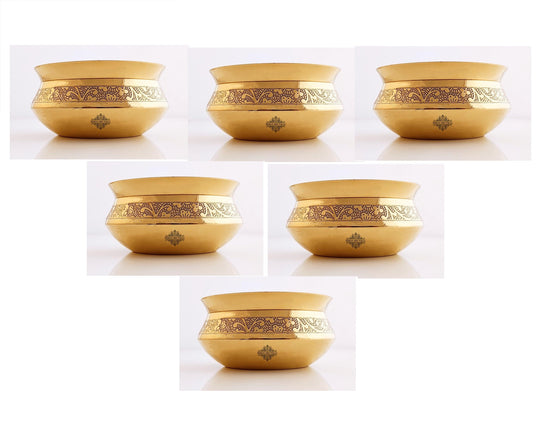 Traditional brass ki handi set of 4 with uniform sizing embossed finish shiny brass surface and wide open mouth