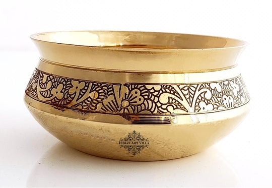 Traditional pure brass handi featuring embossed design polished interior and wide mouth with gently flared rim and rounded base